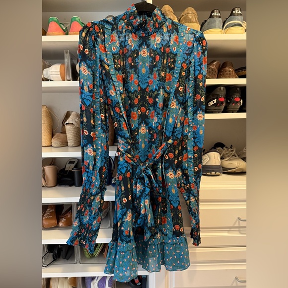 Farm Rio Blue Arabesque High Neck Mini Dress - Sz S - Picture 7 of 9